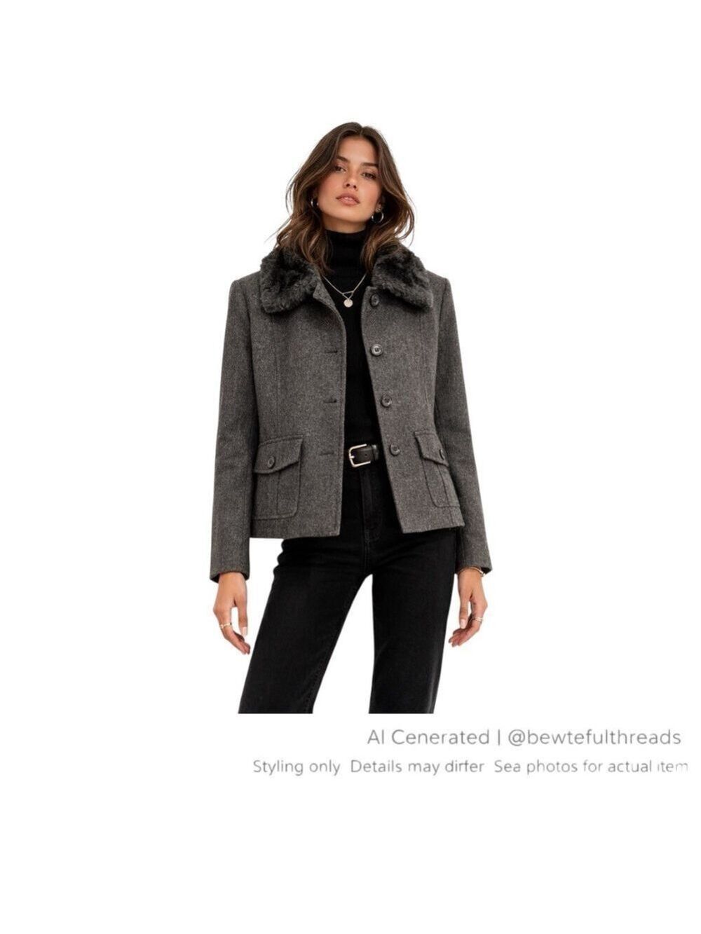 Vintage 90s Minimalist Wool Blend Jacket Faux Fur Collar heathered Gray M